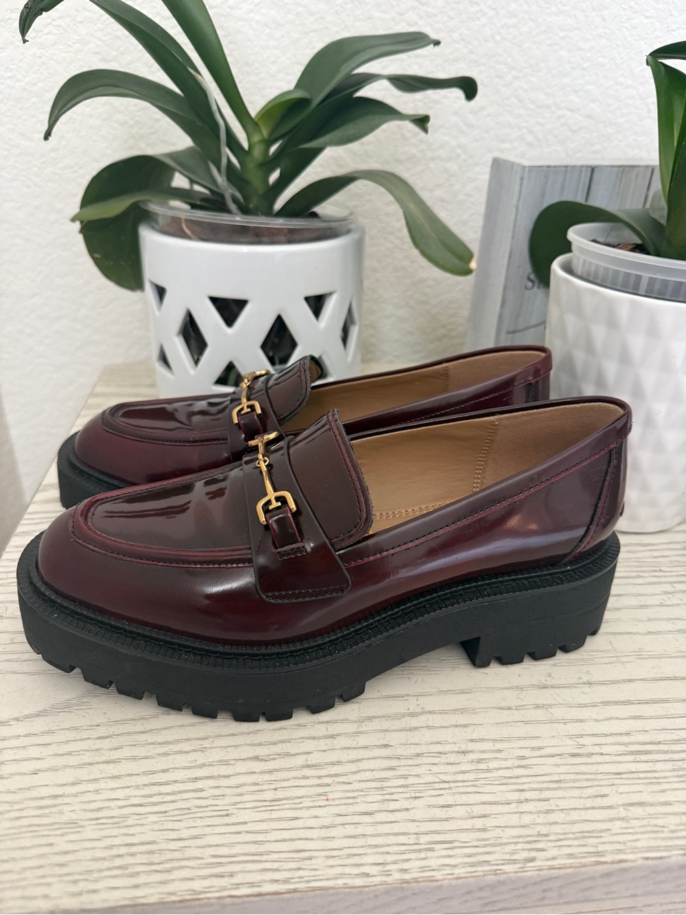 Sam Edelman Burgundy Patent Platform Loafers with Gold Bit